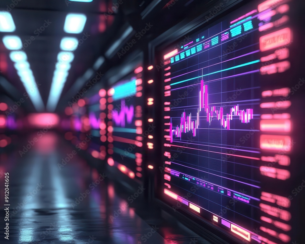 Futuristic digital display showcasing vibrant data trends in a high-tech environment with neon lighting effects. Futuristic digital display showcasing vibrant data trends in a high-tech environment with neon lighting effects.