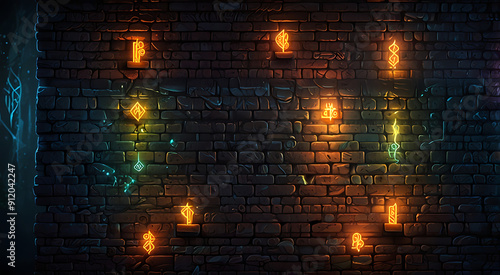 Illustration of a brick wall with magical runes and glowing symbols, adding a mystical style element to a fantasy game like environment.
 photo