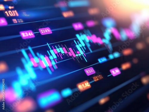 Dynamic financial graph showcasing market trends with vibrant colors and fluctuating data points, ideal for finance-related content.