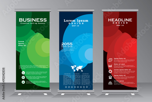 Roll up banner stand design set with three colour. new vertical banner template for business.  Vector eps 10. 