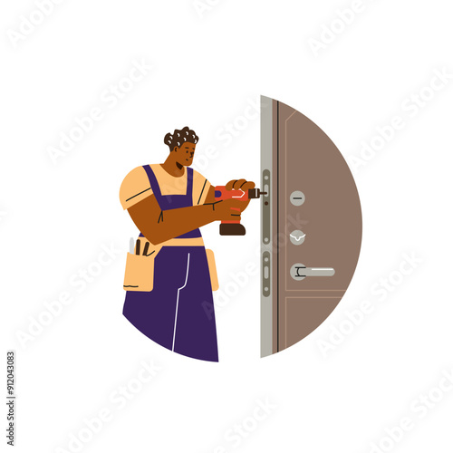 A locksmith repairs a door lock.