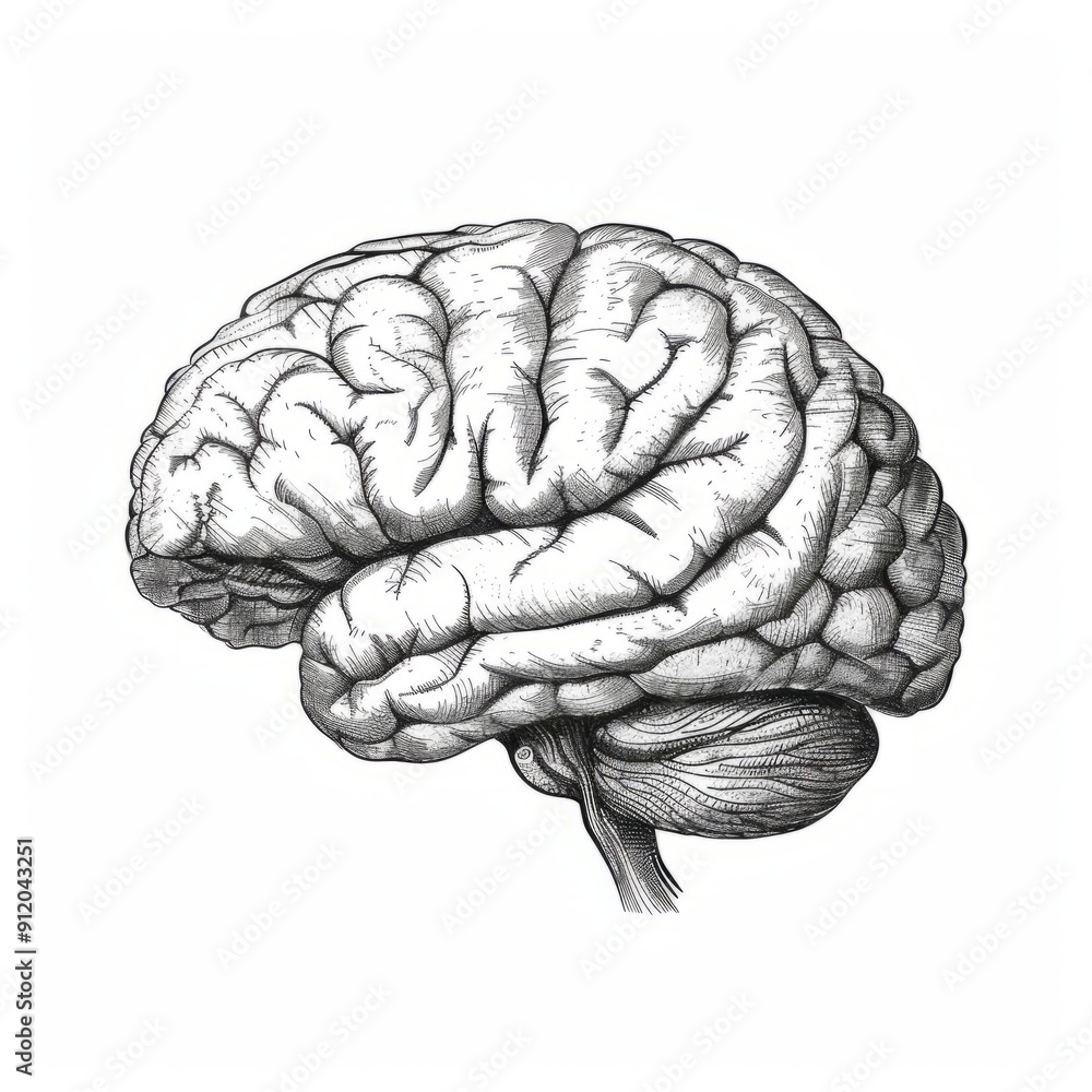 Fototapeta premium Human health medical. Anatomical human brain - sketch isolated on white background. Hand drawn sketch in vintage engraving style. Brain Vector illustration