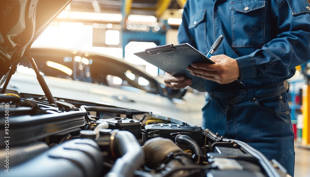 Auto check in progress, car service shop concept, detailed mechanic, clipboard, inspecting engine, professional setting, highquality image Auto check in progress, car service shop concept, detailed mechanic, clipboard, inspecting engine, professional setting, highquality image