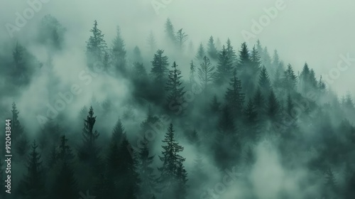 captures the image of a forest shrouded in muffled fog, magical mood