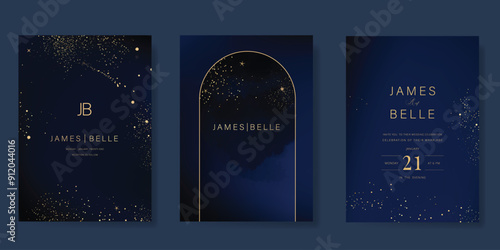 Navy Blue Luxury Wedding Invitation, start invite thank you, rsvp modern card Design in Night sky with  little star moon sun and space decorative Vector elegant rustic template