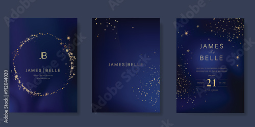 Navy Blue Luxury Wedding Invitation, start invite thank you, rsvp modern card Design in Night sky with  little star moon sun and space decorative Vector elegant rustic template