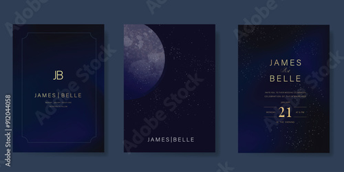 Navy Blue Luxury Wedding Invitation, start invite thank you, rsvp modern card Design in Night sky with  little star moon sun and space decorative Vector elegant rustic template