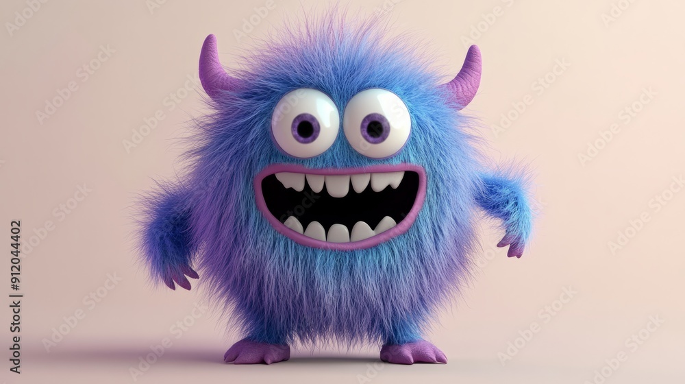 Obraz premium Cute blue furry monster 3D cartoon character