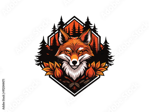 Illustrate a cunning fox in a geometric shape with a forest background for an e-sports logo.