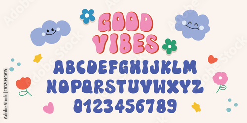 Cute hand drawn letters and numbers vector set. Groovy funky style alphabet with flower, cloud, heart, star. Cartoon font for events, promotion, logo, banner, monogram, poster, sticker, print.
