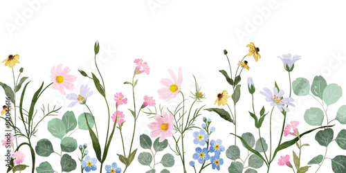 Spring and summer watercolor flower background vector. Watercolor hand painted botanical floral, daisy, wildflower, eucalyptus leaves. Design for wallpaper, poster, banner, card, print, website.