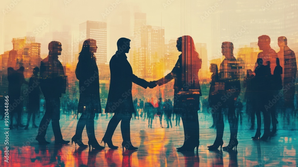 Naklejka premium Silhouettes of business people shaking hands and cooperating in modern city. Concept of teamwork and partnership. Toned image double exposure