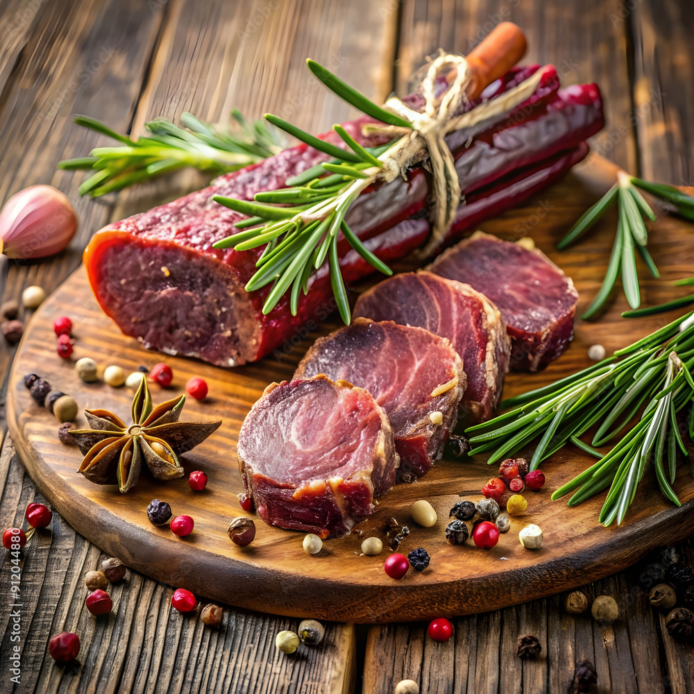 photo dry meat with rosemary and spices on a wood photo dry meat with rosemary and spices on a wood