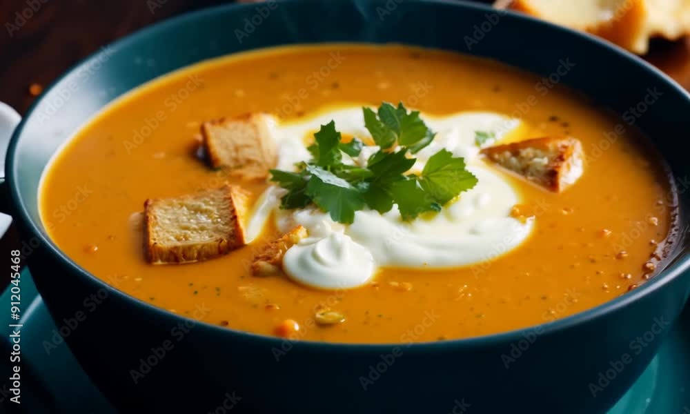 Pumpkin Soup with Croutons, Black Background Pumpkin Soup with Croutons, Black Background