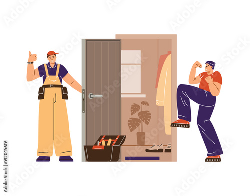 Vector illustration of a satisfied customer and a locksmith installing a door lock