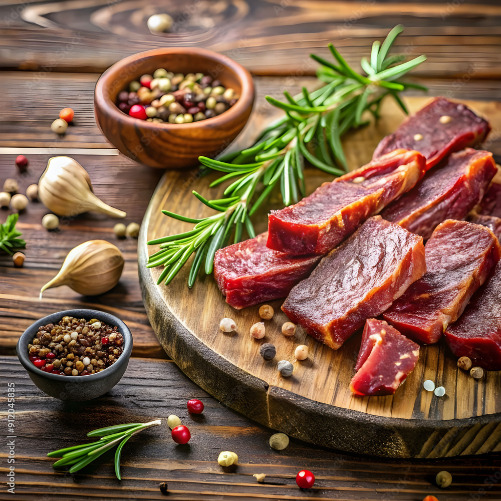 photo dry meat with rosemary and spices on a wood photo dry meat with rosemary and spices on a wood