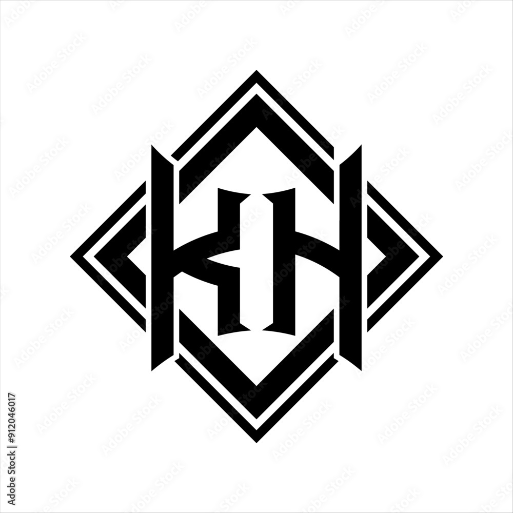 KH Letter logo with abstract shield shape with square black outline on white background design KH Letter logo with abstract shield shape with square black outline on white background design