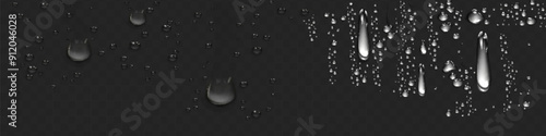Water rain drops or steam shower isolated on transparent background. Realistic pure droplets condensed. Vector clear vapor water bubbles on window glass surface for your design.