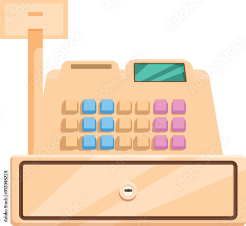 Old style cash register with buttons and display standing on counter, retro payment concept