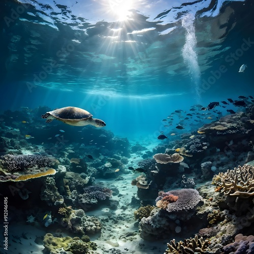 Sunlit Sanctuary: A green sea turtle glides through a vibrant coral reef bathed in dappled sunlight, capturing the serene beauty of a thriving marine ecosystem.  photo