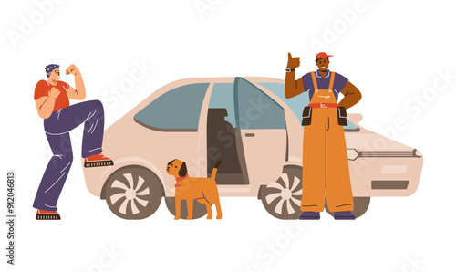 Professional locksmith worker unlocks the cars door lock fixed door, owner with dog are happy, vector lockpicker service