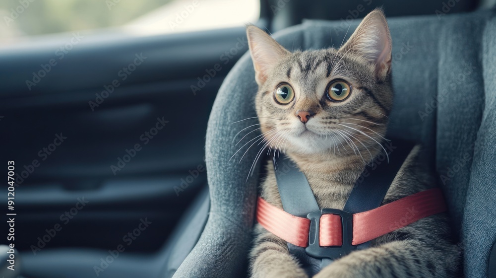 Cute cat sitting on car seat while wearing seat belt Cute cat sitting on car seat while wearing seat belt