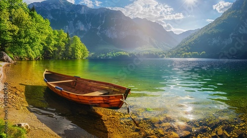 Colorful summer panorama of the Bohinj Lake. Picturesque moning scene in the Triglav National Park, Julian Alps, Slovenia. Popular tourist leisure on the boat which is very beautiful photo