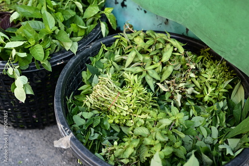 A traditional market stand showcasing a variety of herbs, including basil, mint, and Vietnamese cilantro. Essential ingredients for adding unique flavors to dishes. photo