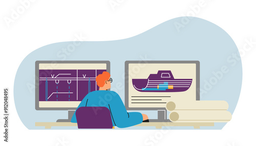 Design engineer creates a technical draft of a vessel on a computer.