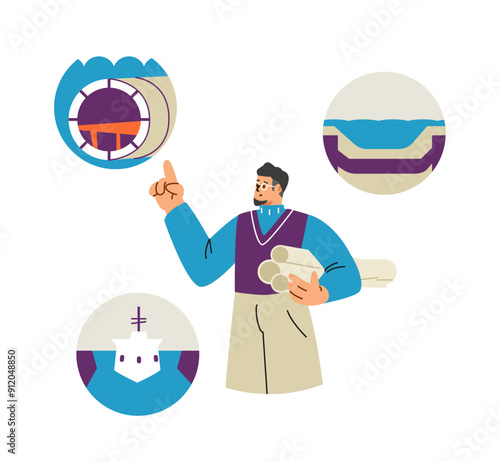 A shipbuilding engineer with drawings in his hands in a flat style.