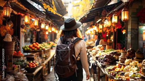 China food market street in Beijing. Chinese tourists walking in city streets on Asia vacation tourism. Asian women travel lifestyle panoramic banner. 