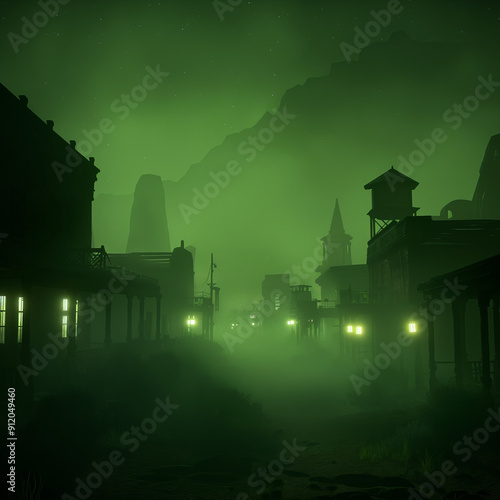 there is a green foggy night scene with a train coming down the tracks