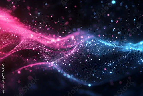 Abstract background of blue and pink particles flowing on dark space, forming a magical energy wave