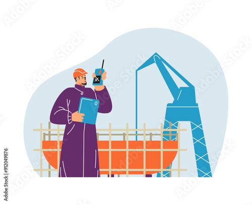 Vector of an engineer managing the construction of ships at a shipyard.