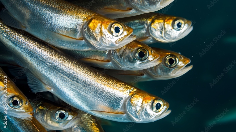 A synchronized shoal of fish, their bodies glittering with iridescent scales, moving in a dense and coordinated dance A synchronized shoal of fish, their bodies glittering with iridescent scales, moving in a dense and coordinated dance