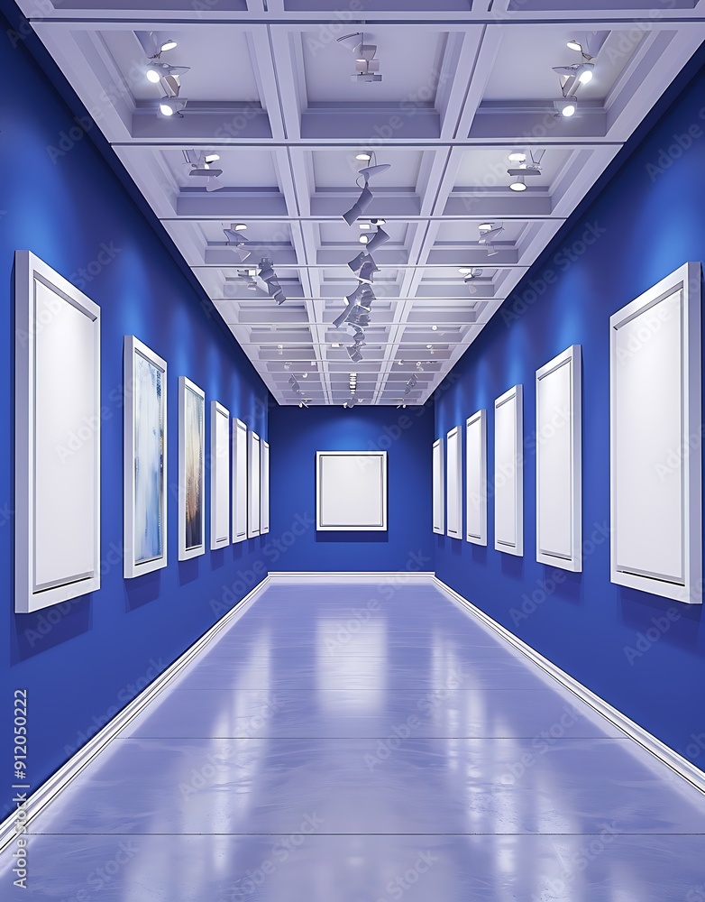 Fototapeta premium Contemporary art gallery with white frames on royal blue walls and modern ceiling decor..
