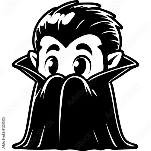 Boy dressed in Halloween vampire costume wrapped himself in cloak, uncertain and frightened in monochrome. Simple minimalistic vector in black ink drawing on transparent background