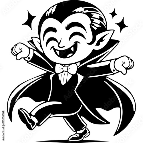 Boy dressed in Halloween vampire costume dancing happily in monochrome. Simple minimalistic vector in black ink drawing on transparent background