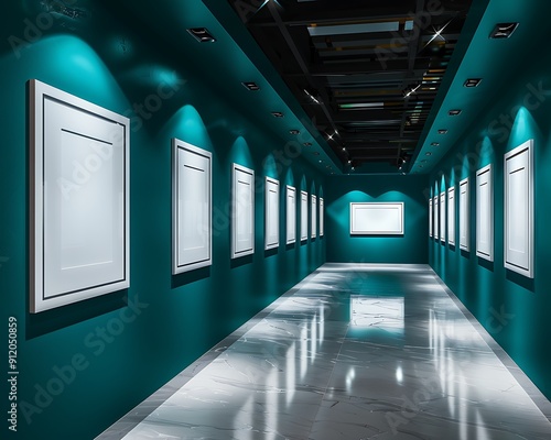 Modern art space with white frames on dark turquoise walls and chic ceiling decor.. photo