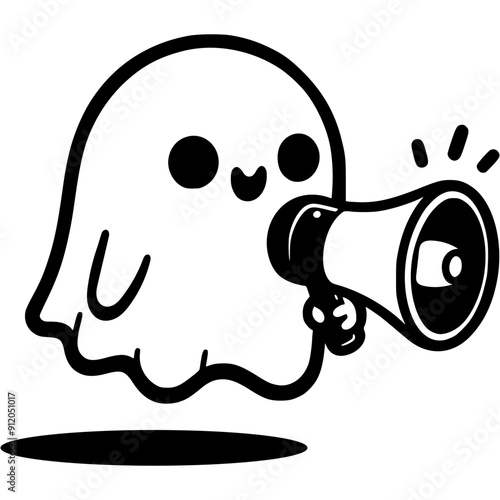 Halloween ghost scares on loudspeaker in monochrome. Simple minimalistic vector in black ink drawing on transparent background