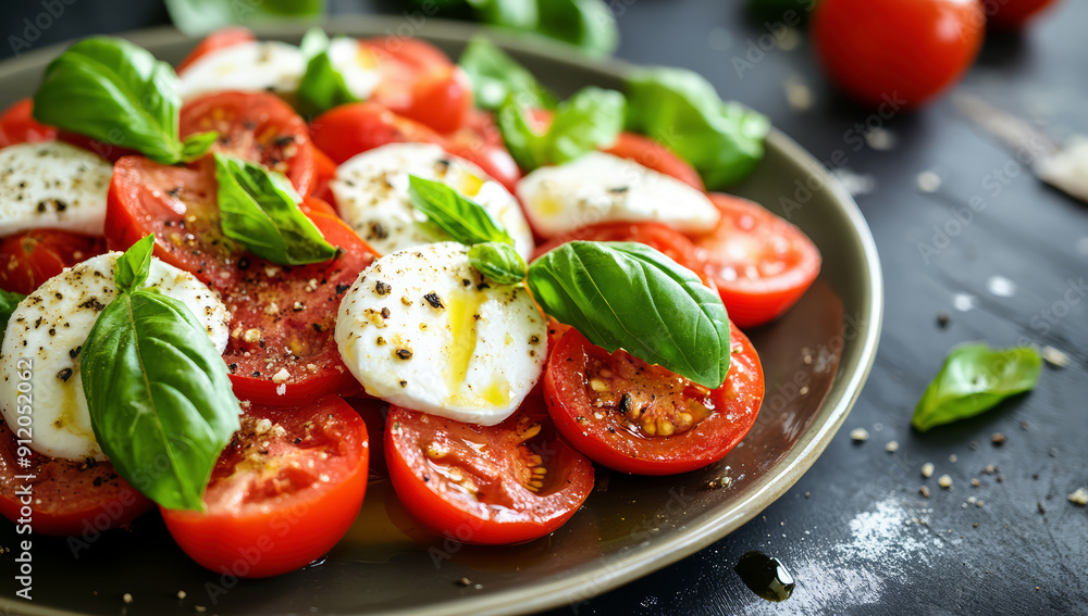 Caprese salad, tomato mozzarella salad with basil leaves and olive oil Caprese salad, tomato mozzarella salad with basil leaves and olive oil
