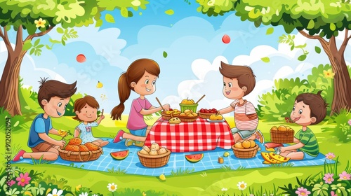 Cartoon Vector A spring picnic scene with a family enjoying food and games on a grassy field