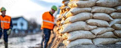 Emergency workers stacking sandbags to form a temporary levee, sandbag, flood mitigation
