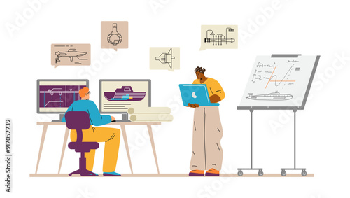 Characters shipbuilders at computers develop schemes.