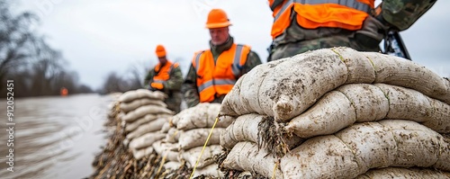 Emergency workers stacking sandbags to form a temporary levee, sandbag, flood mitigation