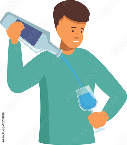 Young man is pouring a blue drink from a bottle into a glass