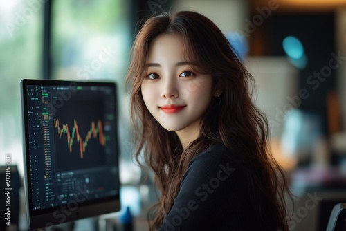 a smiling beautiful young Korean business woman sitting at her desk with a computer displaying a stock market trading graph and looking at the camera in a modern office. concept is of a stock exchange