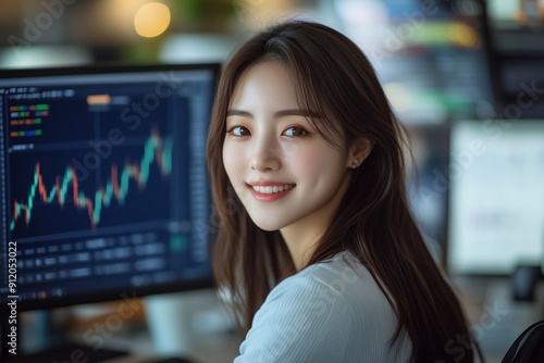 a smiling beautiful young Korean business woman sitting at her desk with a computer displaying a stock market trading graph and looking at the camera in a modern office. concept is of a stock exchange