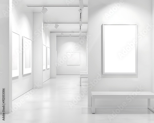 Modern decor in gallery with clean white walls and frames.. photo