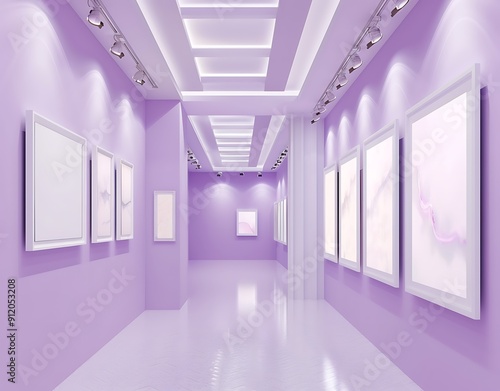 Gallery showcasing white frames on lavender walls and sleek ceiling features.. photo